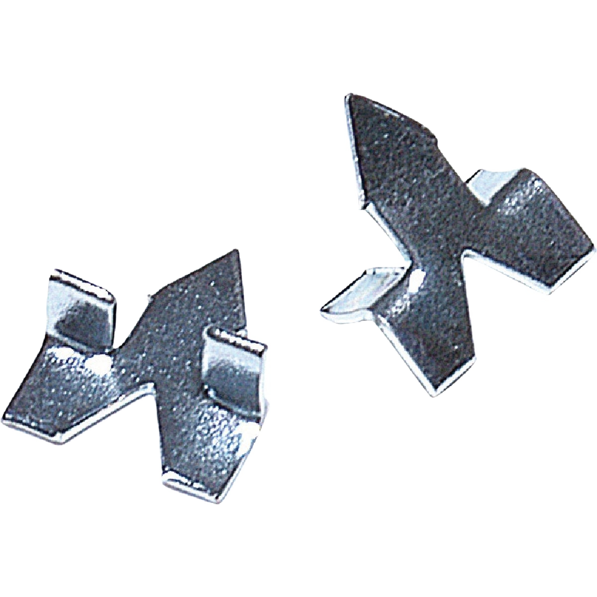 Two silver metal push pins with pointed edges used for securing glass in woodworking and home improvement projects