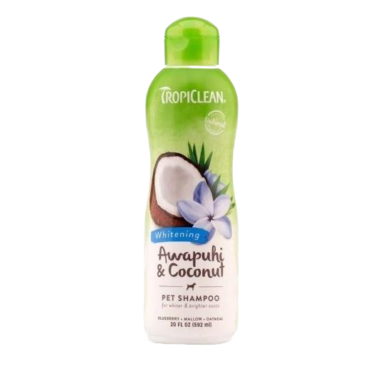 Green bottle of natural Awapuhi and coconut whitening pet shampoo for cleaner and brighter coat care