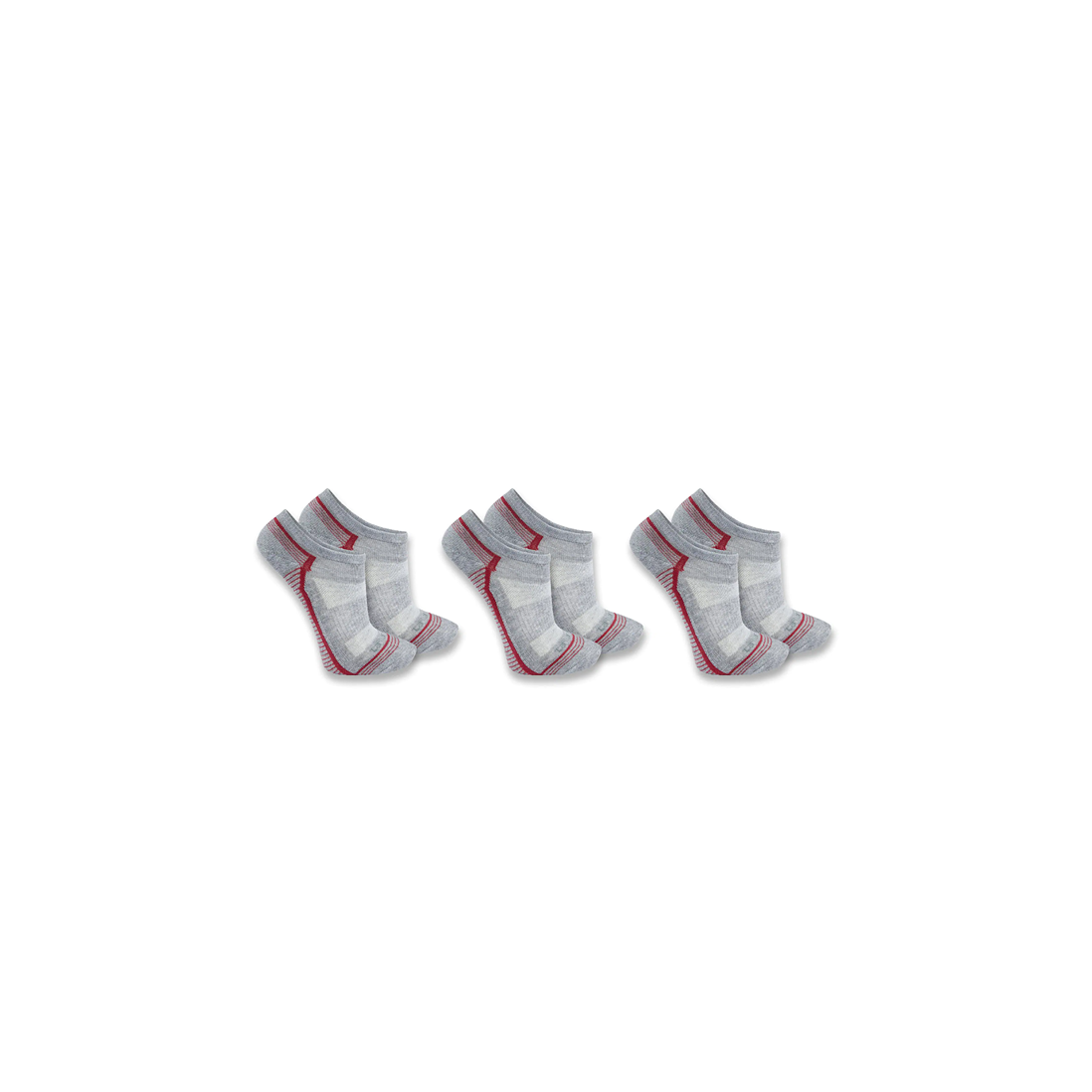 Three pairs of gray low-cut socks with red accents designed for women's comfort and durability