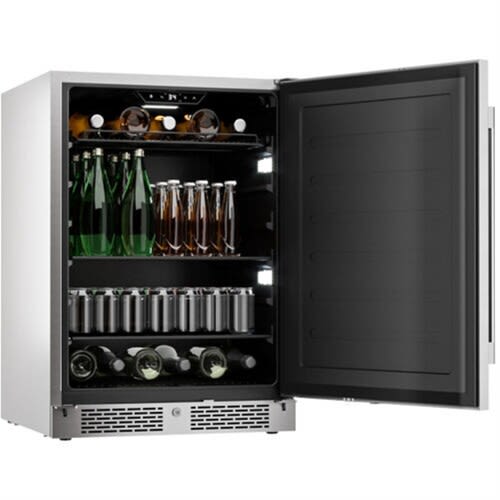 Stainless steel outdoor beverage center with adjustable shelves stocked with bottles and cans in Refrigerators collection