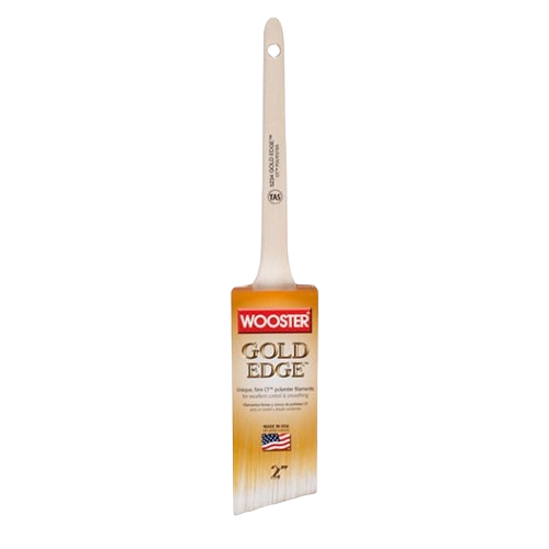 Thin angle paint brush with white and gold polyester filaments for precise application in paint supplies and tools collections
