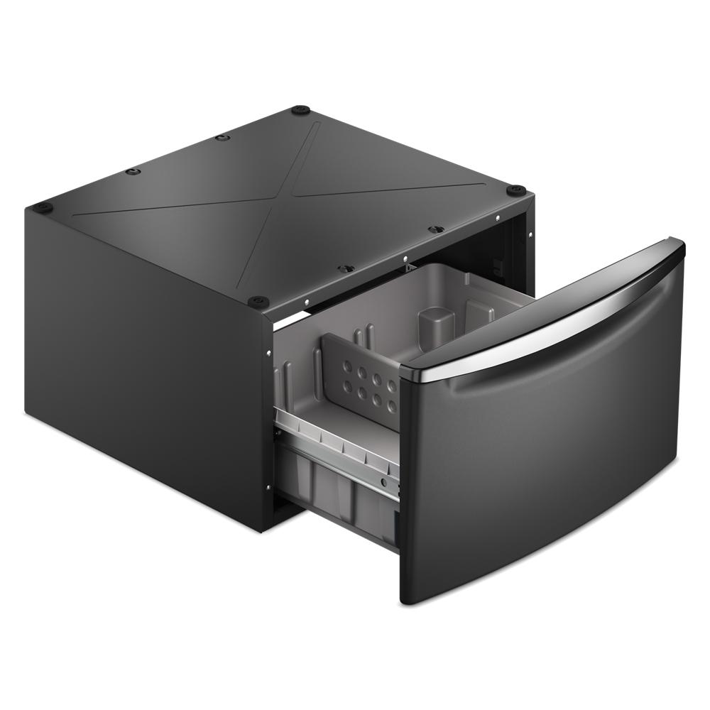 Black storage drawer pedestal designed to elevate front load washers and dryers in appliance parts collections