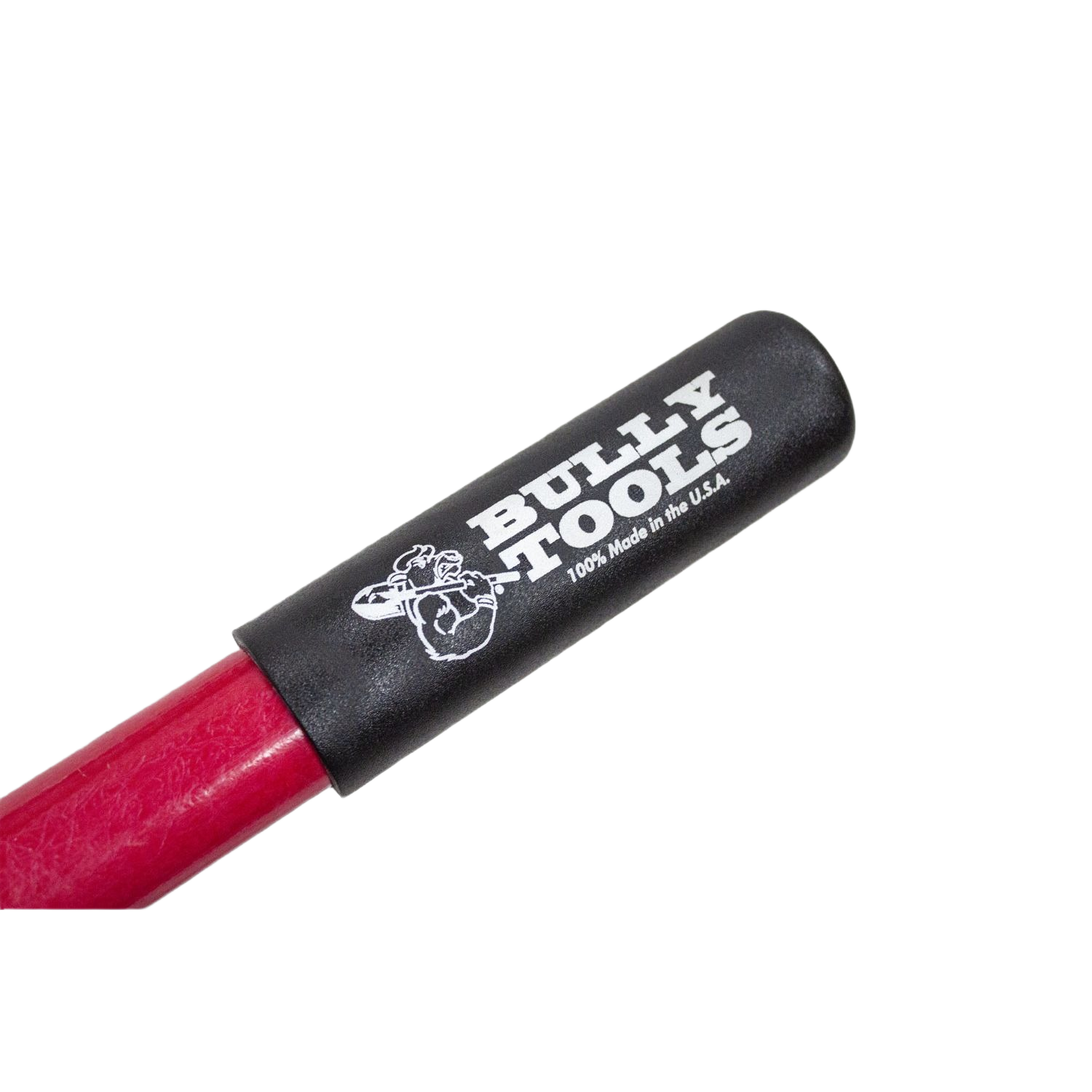 Close-up of red fiberglass handle with black grip featuring Bully Tools logo for home improvement projects