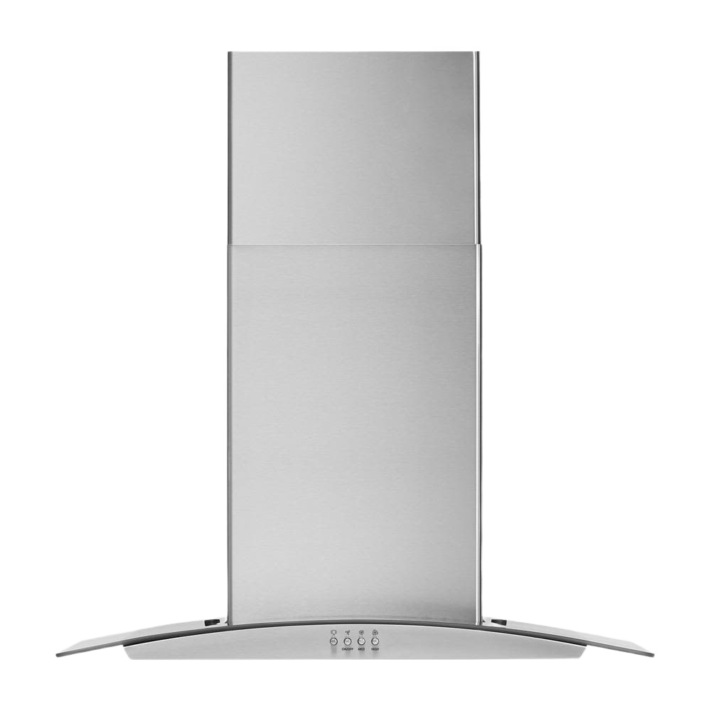 30-inch stainless steel wall mounted range hood with curved glass canopy and push button controls in kitchen appliances collection