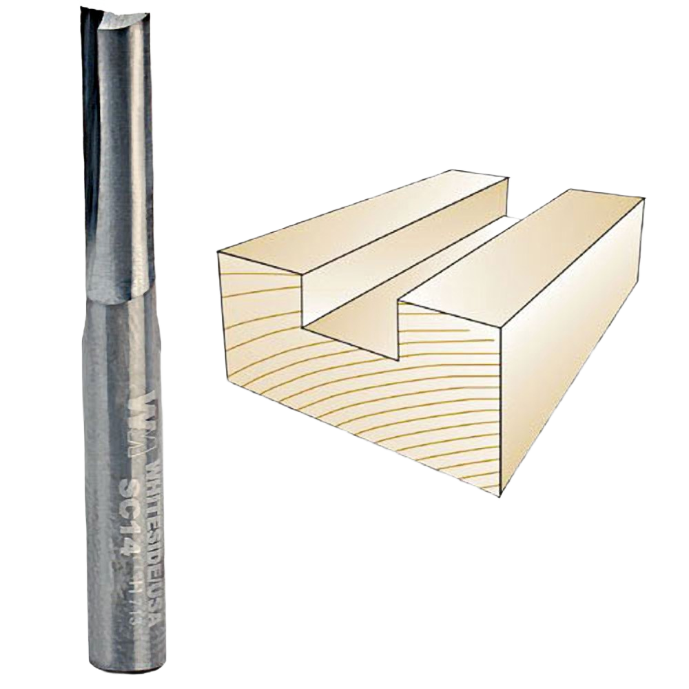 Solid carbide straight router bit alongside wood groove illustration for tool accessories and home improvement.