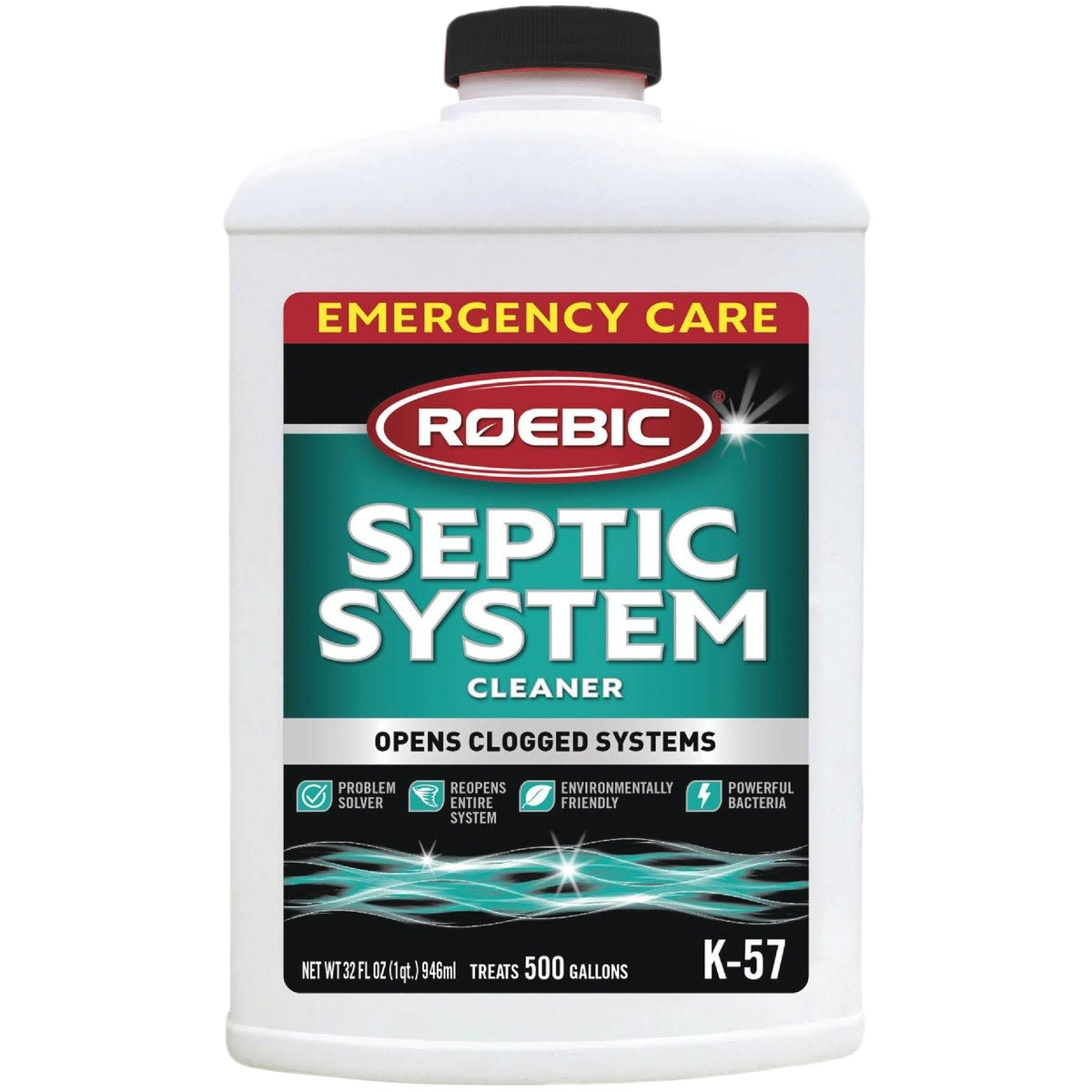 White container of septic system cleaner for plumbing and drain maintenance with emergency care label