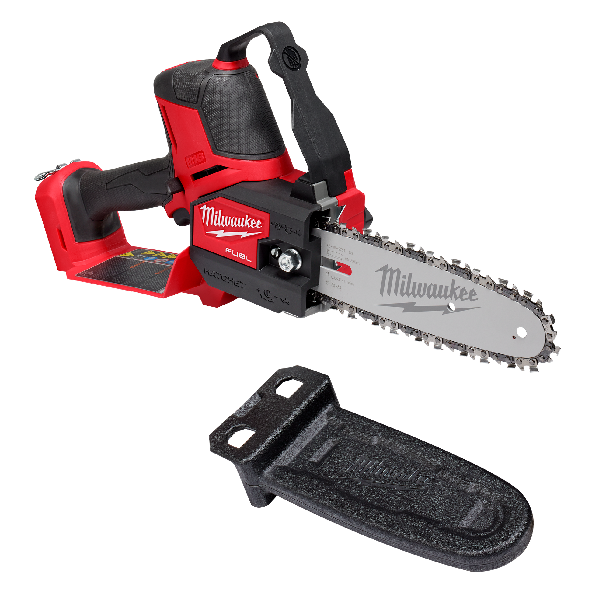 Compact cordless pruning saw with red and black housing and 8-inch cutting bar for tools and home improvement tasks