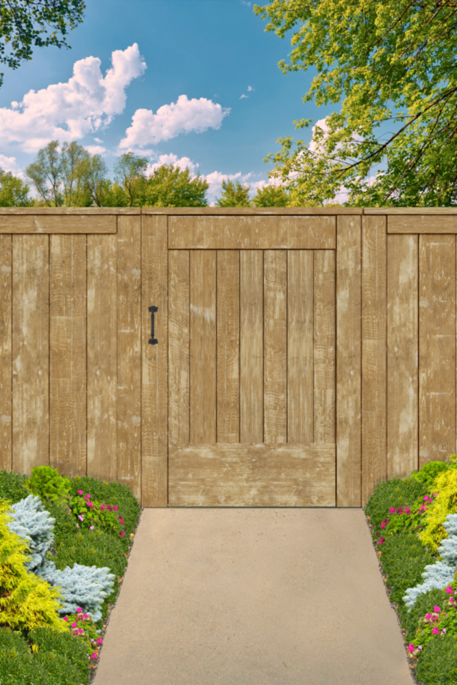 Black rustic modern handle mounted on wooden gate amid landscaped garden for gate hardware and home improvement