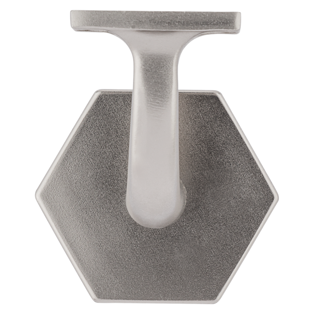 Satin nickel handrail bracket with hexagonal base designed for sturdy attachment in shelving and home improvement projects
