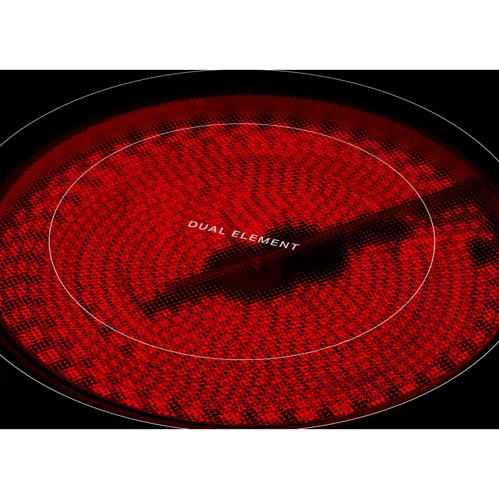 Close-up of a glowing red dual electric element on a smooth black cooktop from Ranges & Kitchenware collection