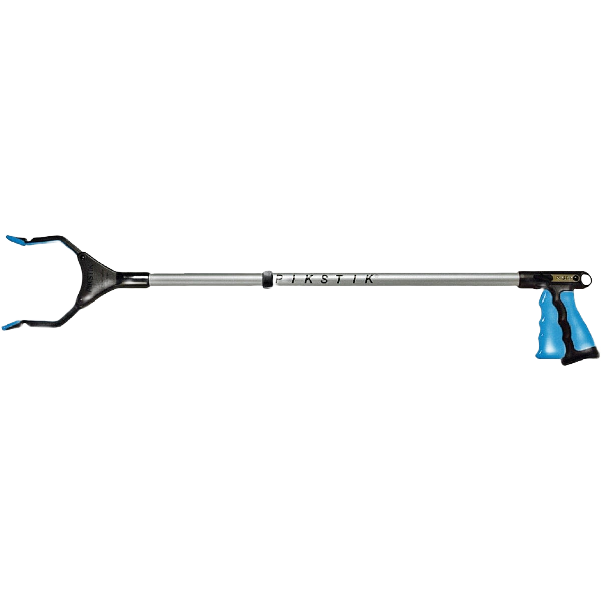 Telescoping grabber tool with ergonomic blue handle and durable aluminum shaft for indoor and outdoor cleaning tasks