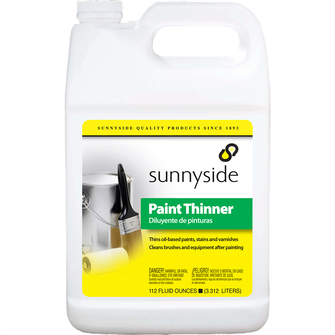 White plastic jug of Sunnyside paint thinner for reducing oil-based paints in home improvement projects under $50