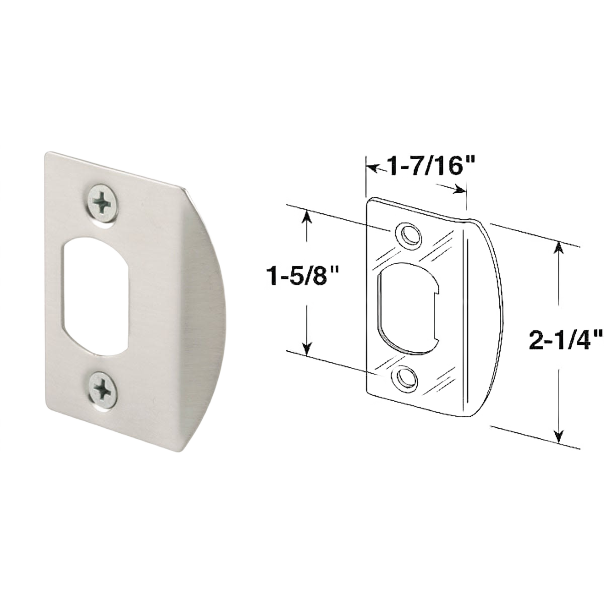 Satin nickel door strike plate with mounting screws and dimensional diagram for hardware and home improvement collections