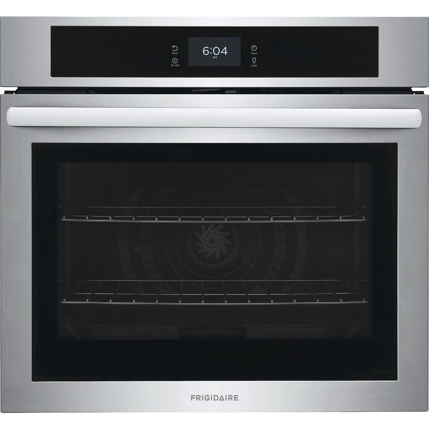 Stainless steel 30-inch single electric wall oven with digital touch controls and fan convection, from kitchen appliances.