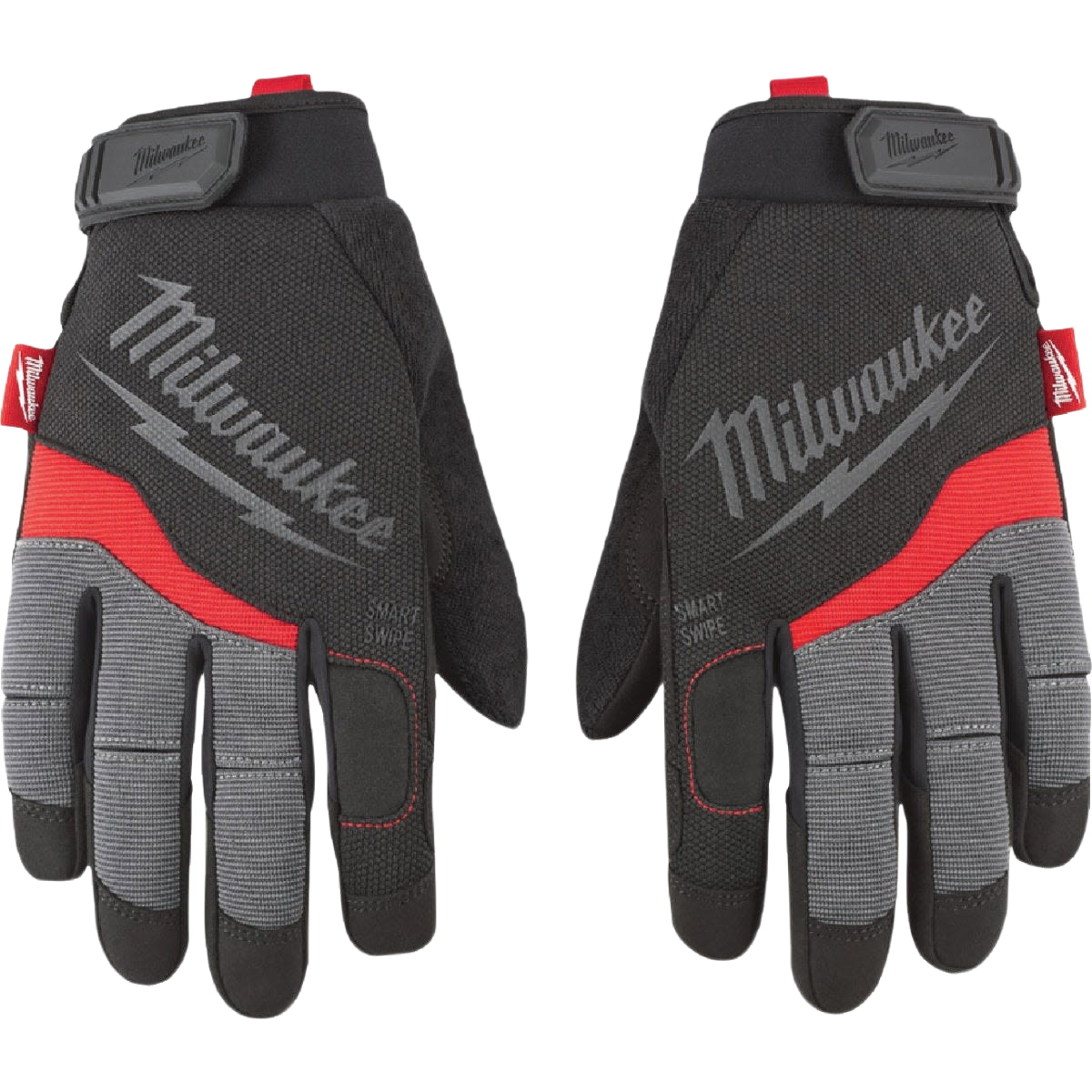 Pair of black and gray work gloves with red accents featuring durable fabric and touchscreen-compatible fingertips for tools and home improvement tasks