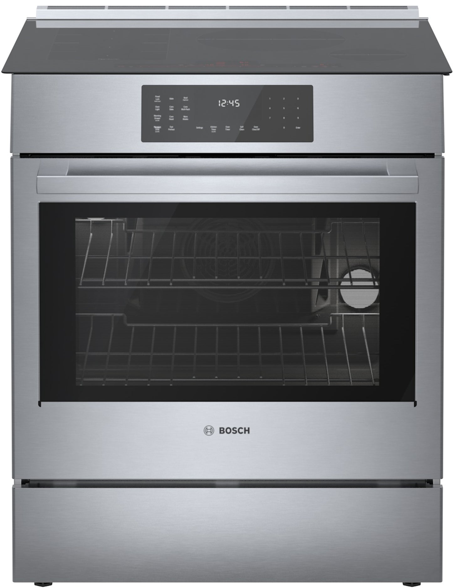 stainless steel Bosch induction slide-in range with digital touch control and large oven window for kitchen appliances