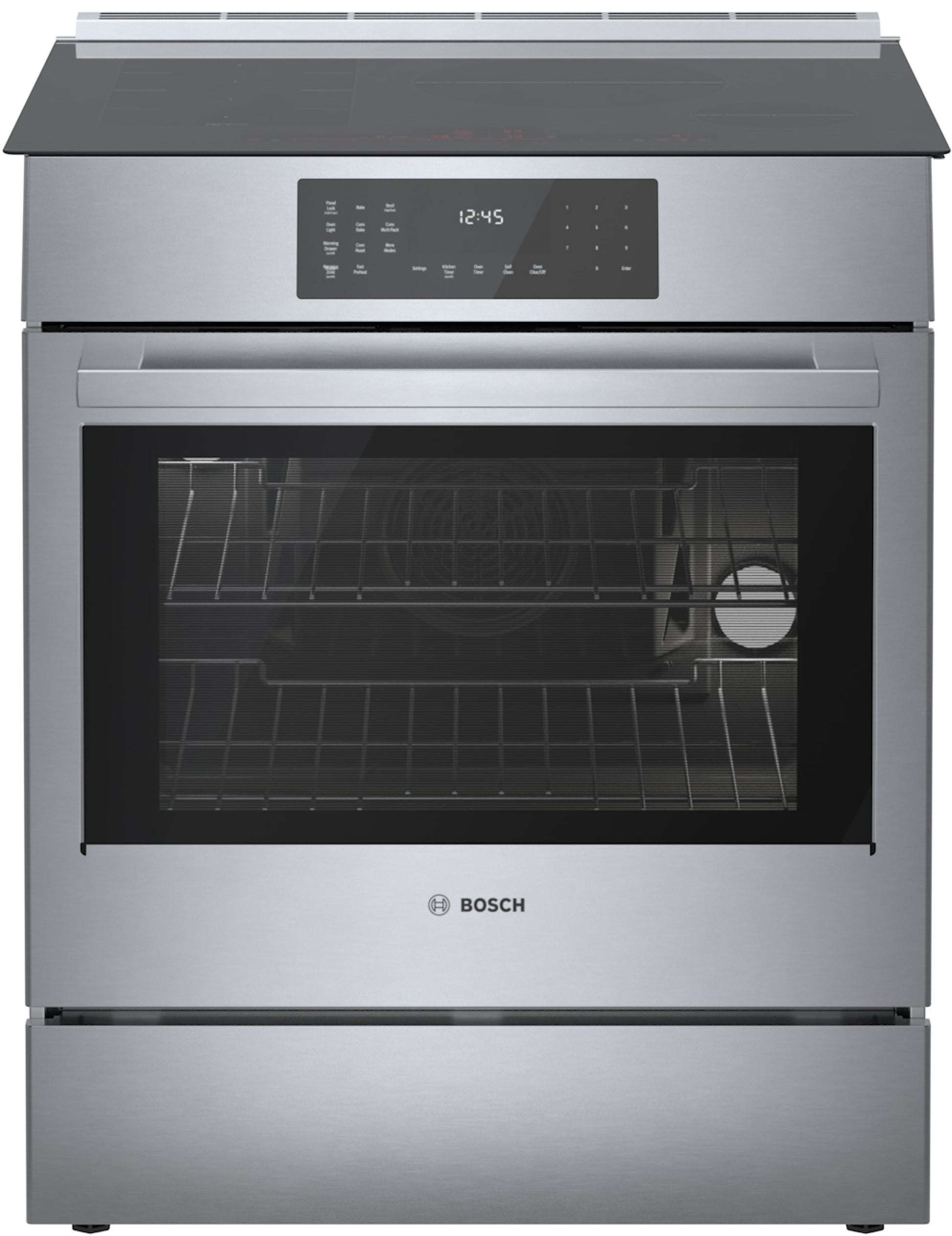 stainless steel Bosch induction slide-in range with digital touch control and large oven window for kitchen appliances