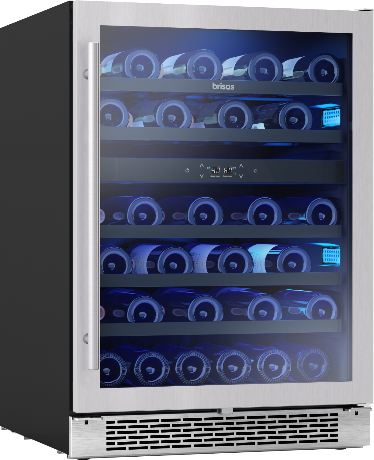 Dual zone wine cooler with reversible stainless steel door, digital controls, and interior shelving for kitchen appliances