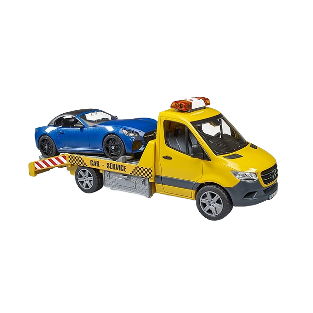 Yellow car transporter toy carrying blue convertible roadster on flatbed for imaginative play and vehicle transport scenarios