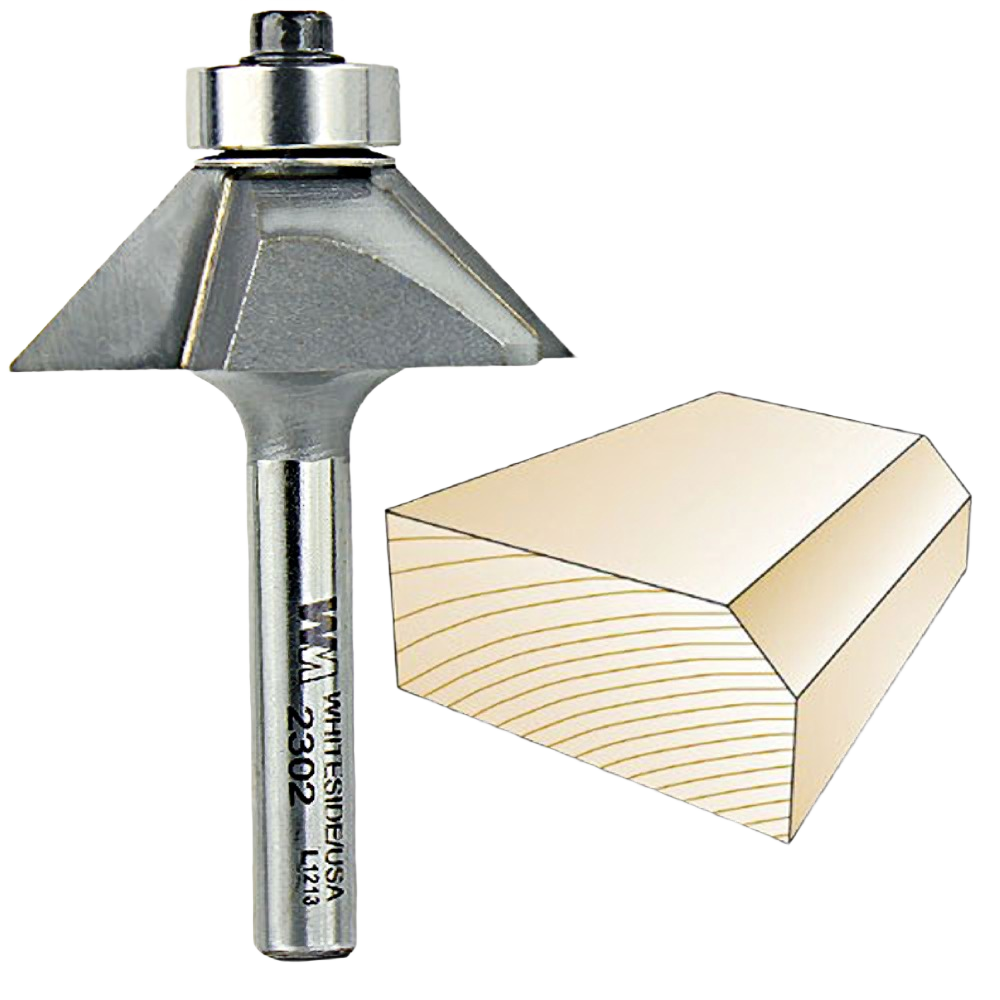 45-degree chamfer router bit with bearing guide for clean beveled edges in woodworking tool accessories collection under $50