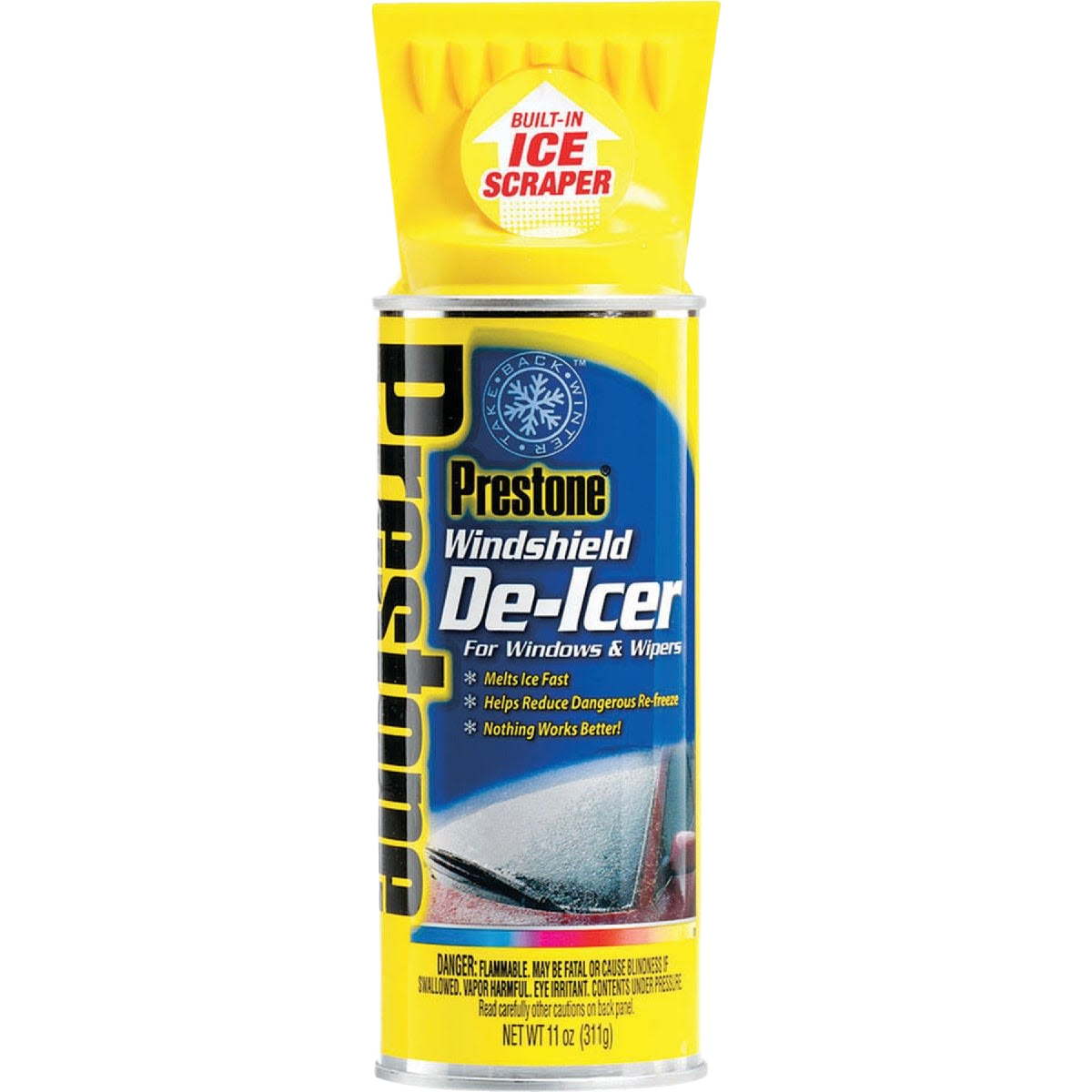 Yellow can of windshield de-icer with built-in ice scraper for home improvement and winter vehicle care tasks