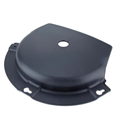 Black metal mower deck shield with mounting holes designed for John Deere lawn equipment parts collection