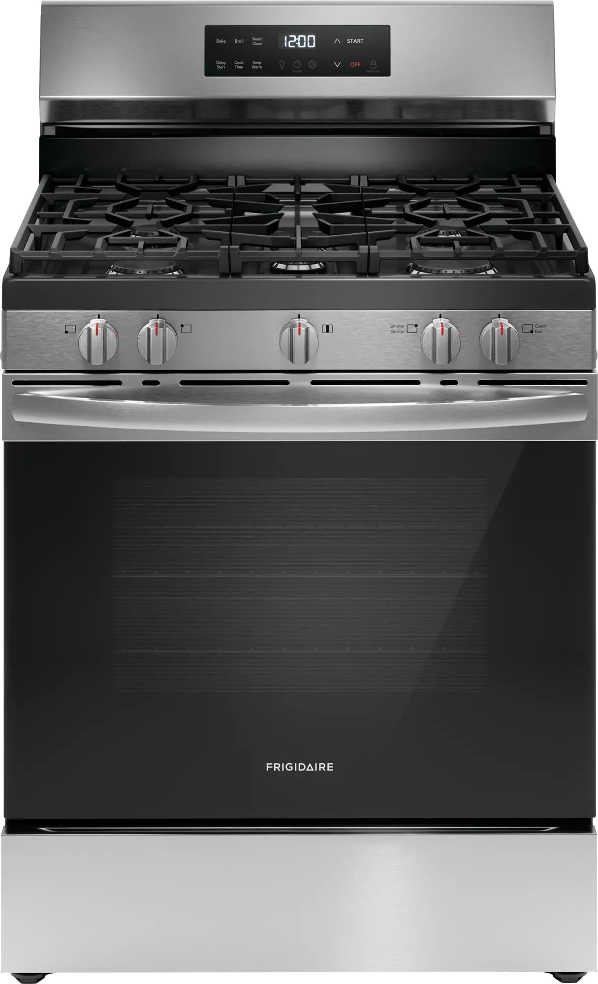Freestanding stainless steel gas range with five burners and digital control panel in Ranges and Kitchen & Kitchenware collections