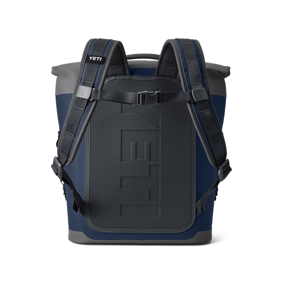 Rear view of navy and gray soft cooler backpack with padded adjustable straps for storage and organization collections