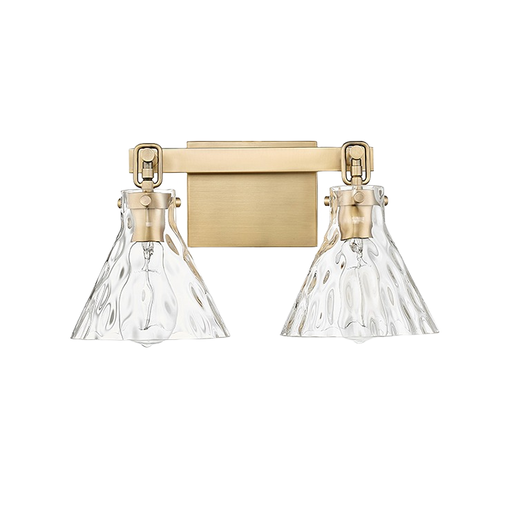 Two-light vintage brass wall sconce with clear water glass shades for bathroom and vanity lighting