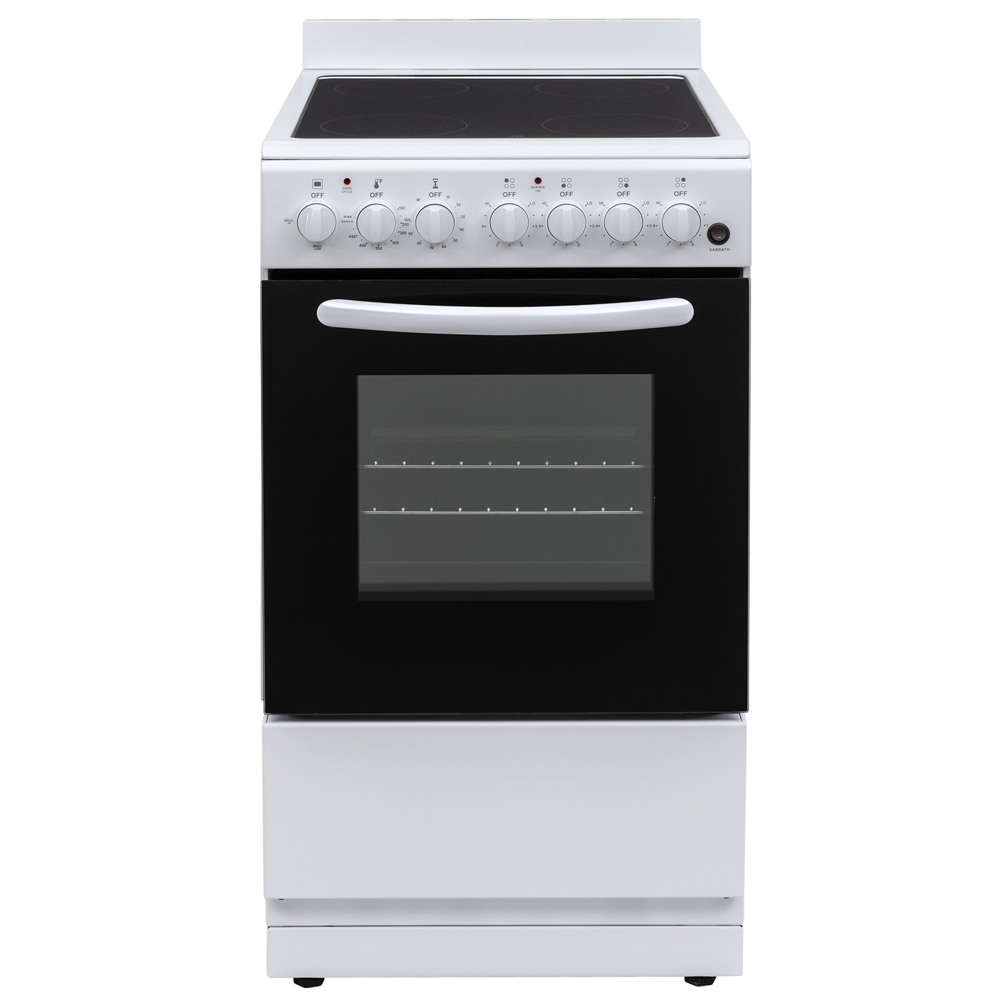 White electric range with four control knobs, black oven window, and smooth top cooktop for kitchen appliances collection