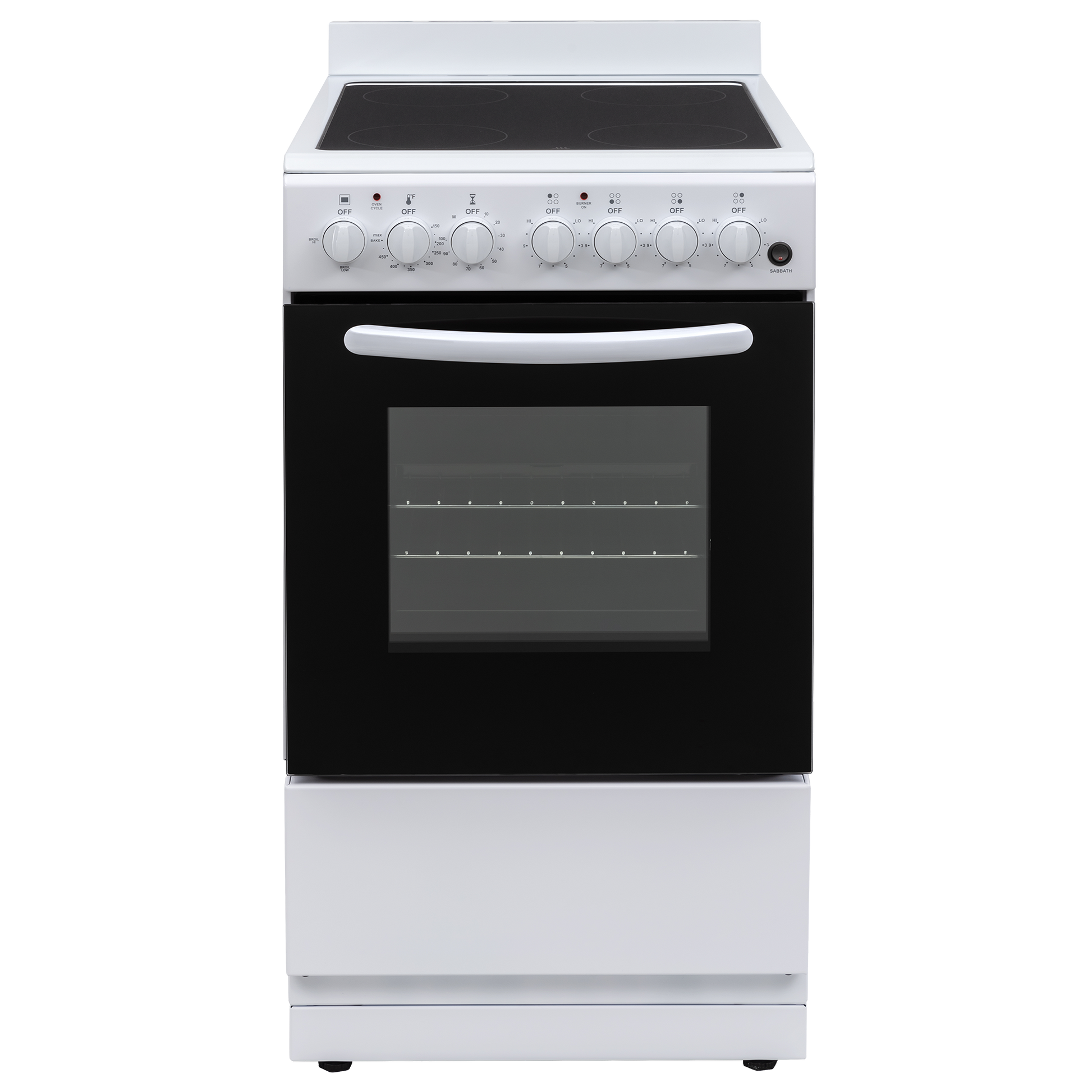 White electric range with four control knobs, black oven window, and smooth top cooktop for kitchen appliances collection