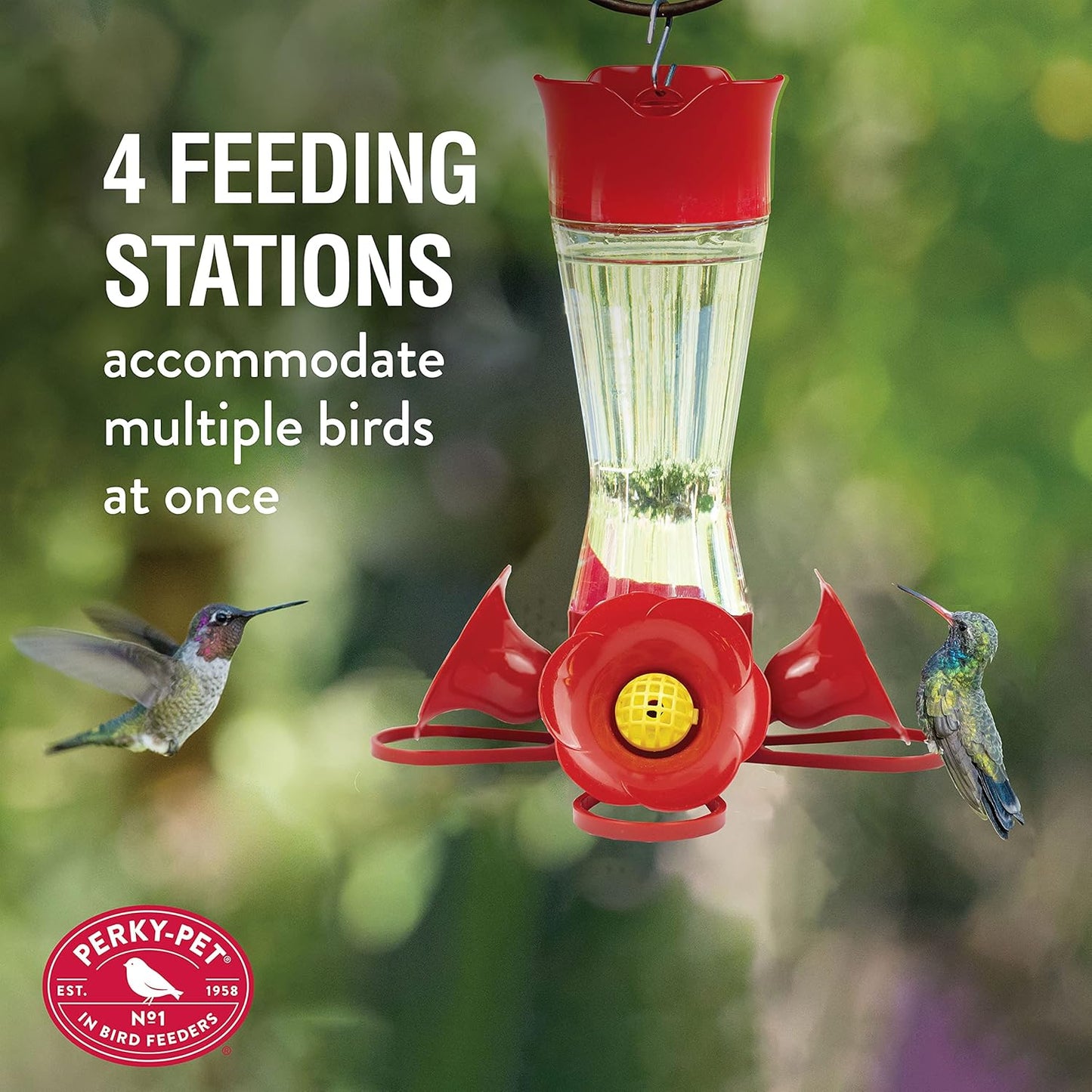 Glass hummingbird feeder with four red flower-shaped feeding ports attracting two hummingbirds outdoors