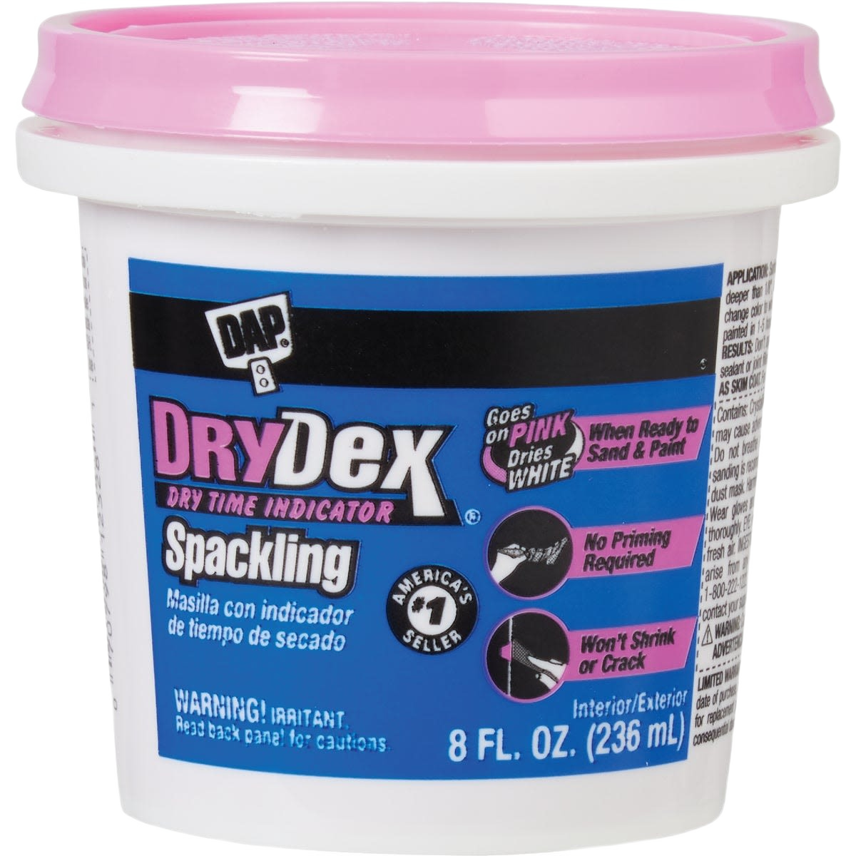 Container of DAP Drydex acrylic spackling with pink lid for home improvement and tools projects