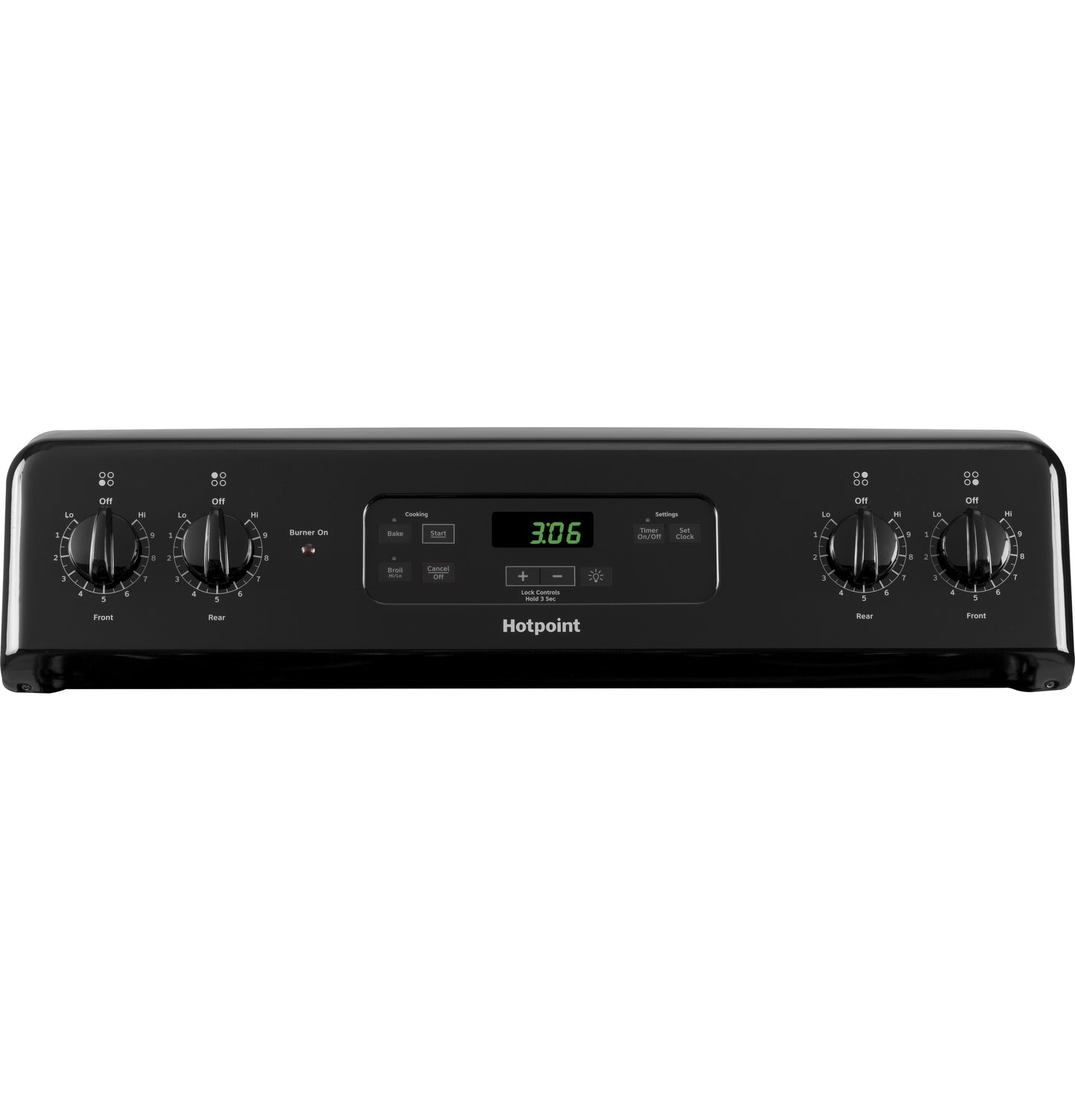 Black control panel with knobs and digital timer display from Hotpoint electric range in Appliances collection