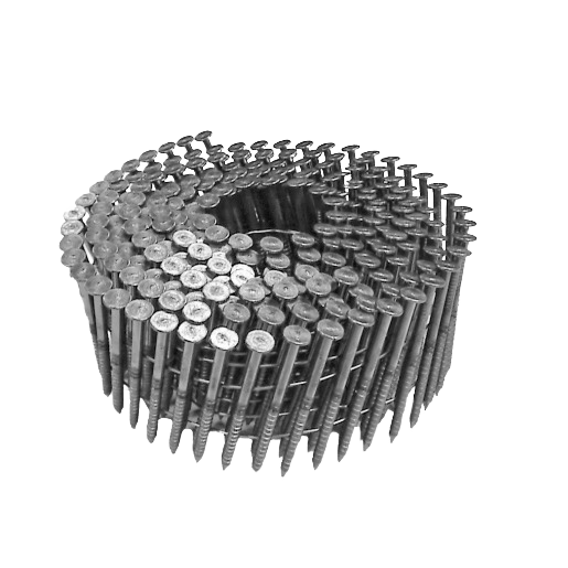 Coil of galvanized wire framing nails arranged for use in collated fasteners and home improvement projects