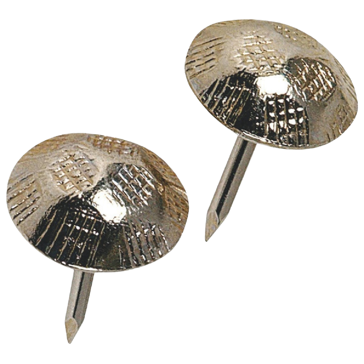 Pair of hammered nickel upholstery nails with round heads for furniture trim and fabric fastening in hardware collection.