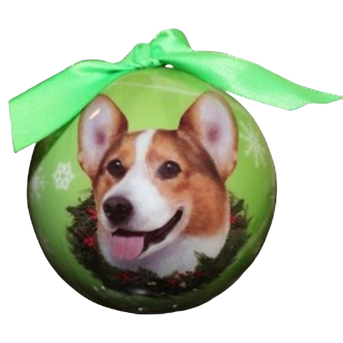 Green Christmas ball ornament featuring a cheerful Welsh Corgi with festive wreath and ribbon decoration under $50 collection