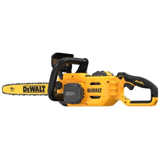 Yellow and black 60V cordless chainsaw with 18-inch bar designed for powerful home improvement cutting tasks