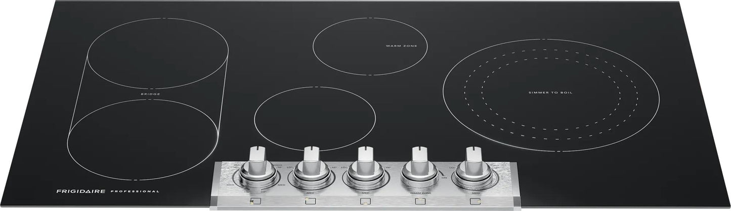 36-inch black radiant electric cooktop with five control knobs and bridged heating element from kitchen appliances collection