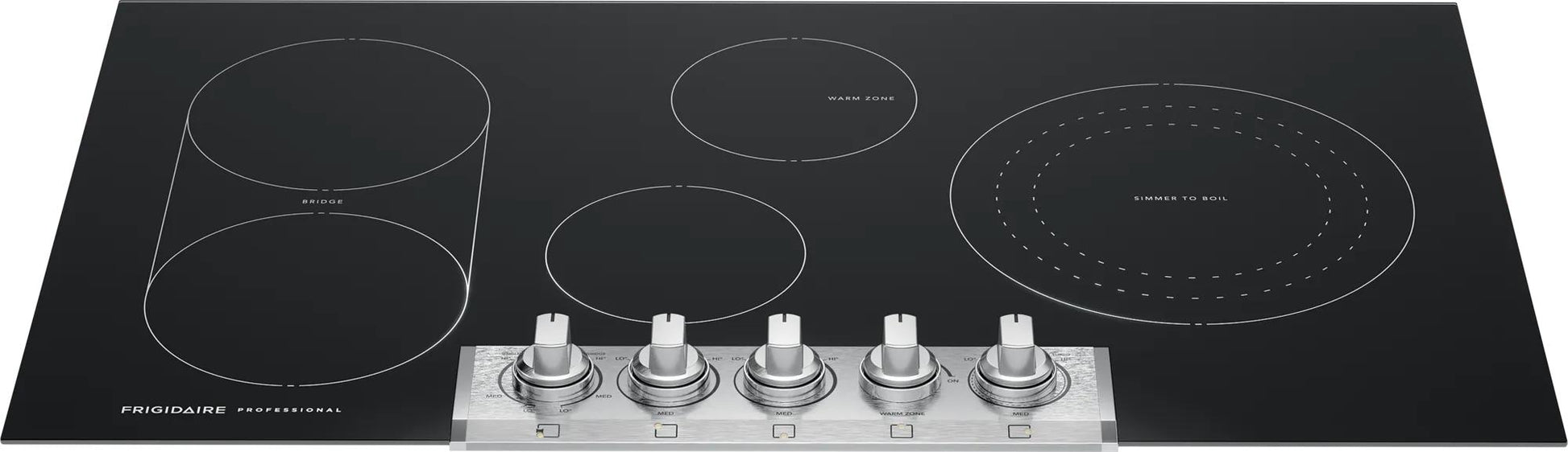 36-inch black radiant electric cooktop with five control knobs and bridged heating element from kitchen appliances collection
