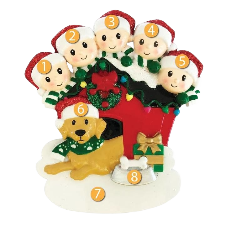 Personalized ornament featuring five smiling family members in Santa hats with dog and holiday decorations from Christmas collection