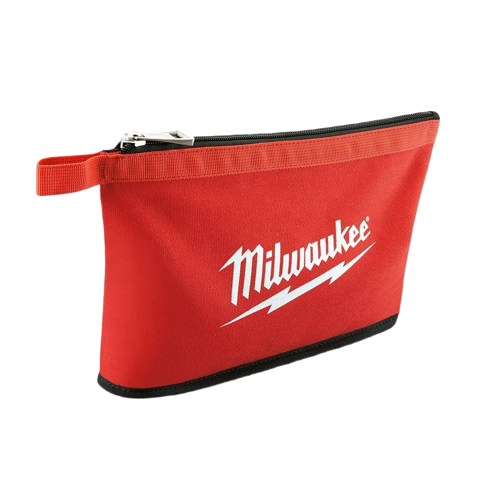 Red heavy-duty canvas zipper pouch with weather-resistant bottom and hang loop for tool storage organization