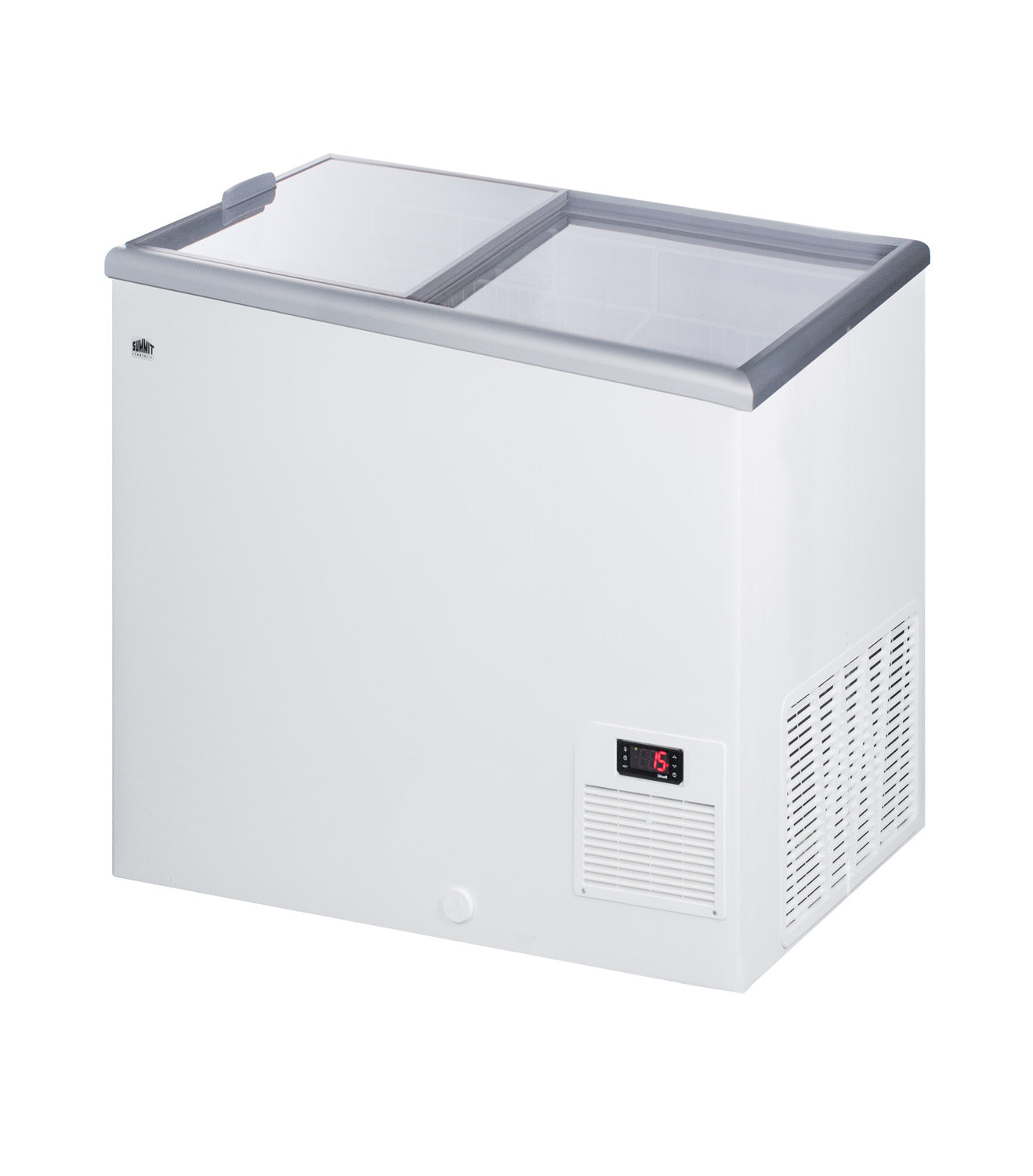 White chest freezer with dual tempered glass lids and digital temperature display for commercial kitchen use