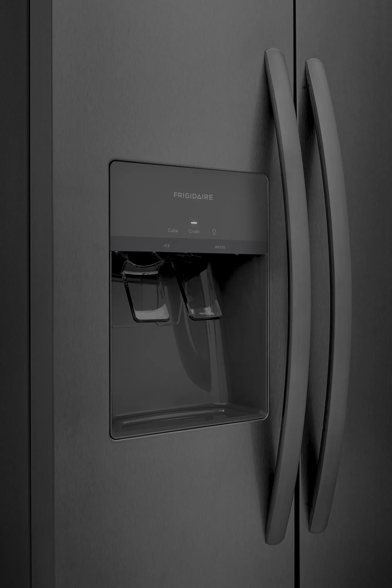 Matte black side-by-side refrigerator door with built-in water and ice dispenser for kitchen and appliance collections