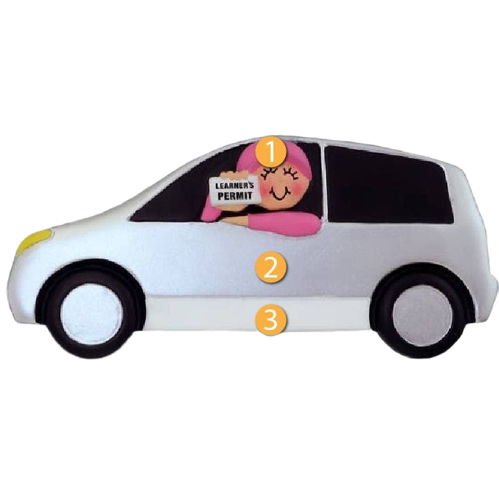 Silver car Christmas ornament with female figure holding learner’s permit for Christmas Ornaments & Tree Decorations under $50