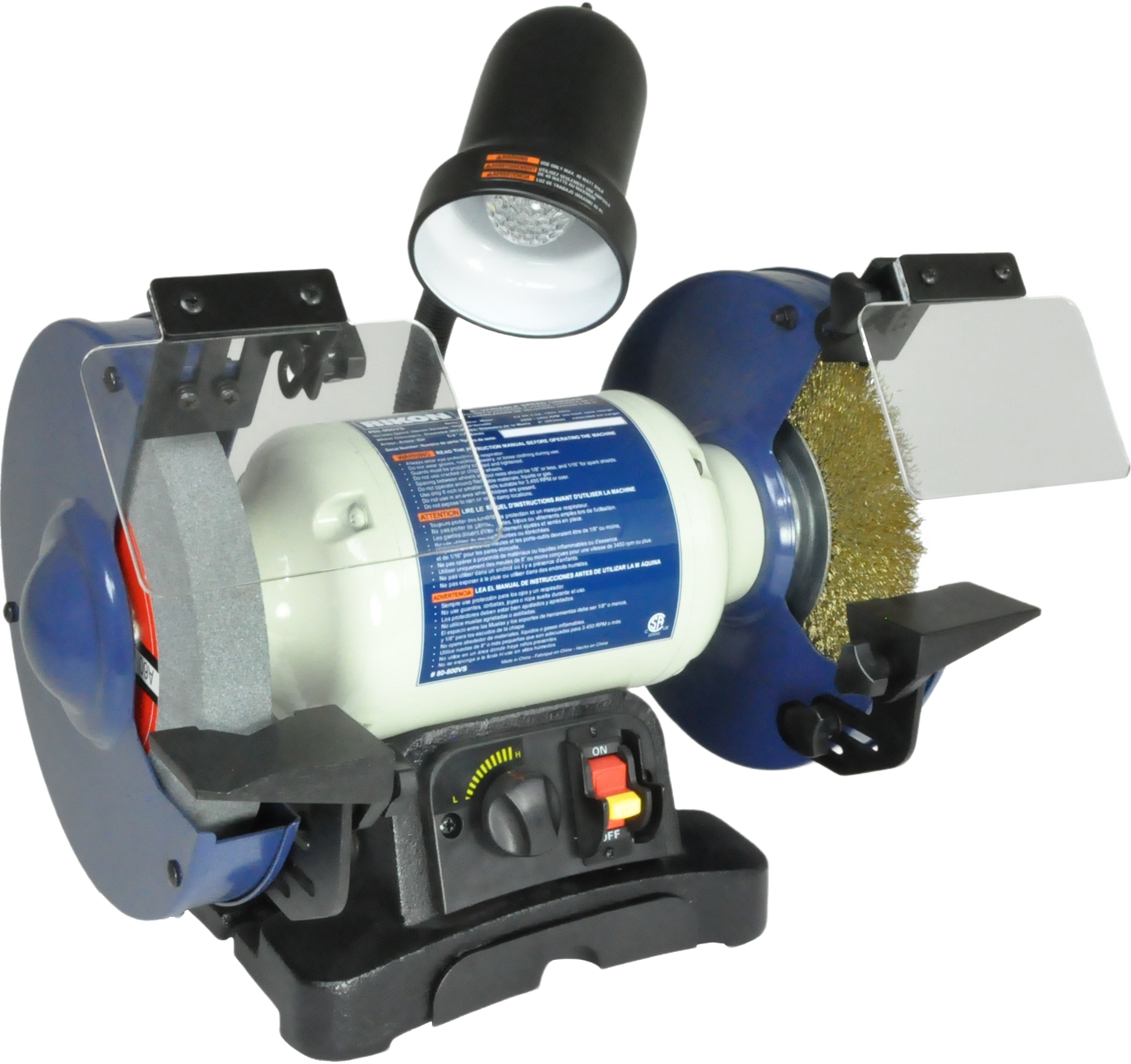 Bench grinder with adjustable tool rests, protective shields, and an integrated work light for home tool use