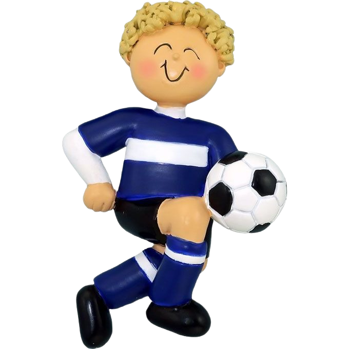 Blonde male soccer player figurine in blue uniform kicking a black and white ball for Christmas tree décor