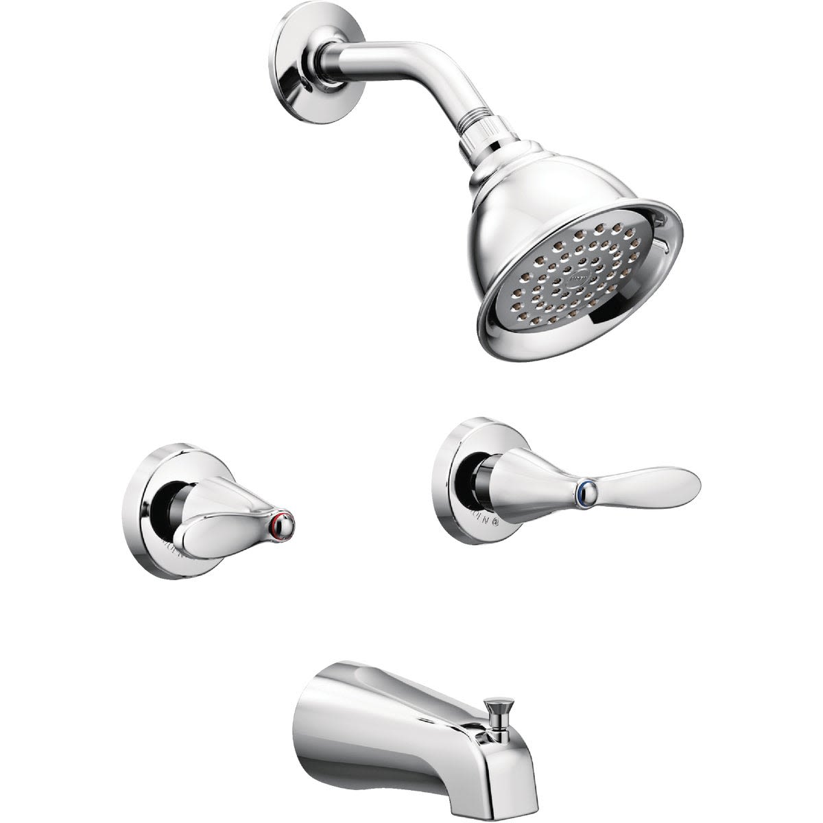 Chrome two-handle tub and shower faucet trim set with lever handles and round showerhead for bathroom plumbing.