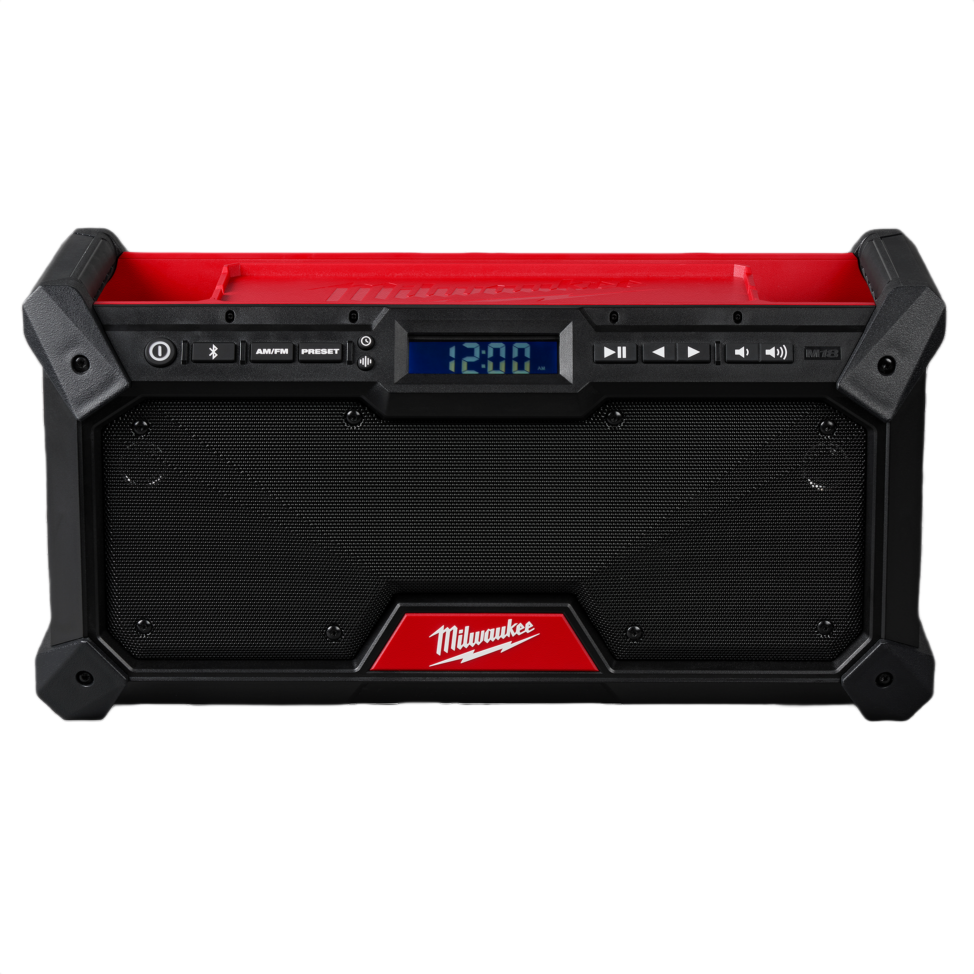 Compact Milwaukee Bluetooth jobsite radio in red and black with digital display and control buttons for worksite audio and timekeeping
