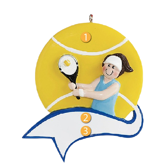 Female tennis player ornament with racquet and yellow ball on round backdrop for Christmas tree decorations under $50 collection